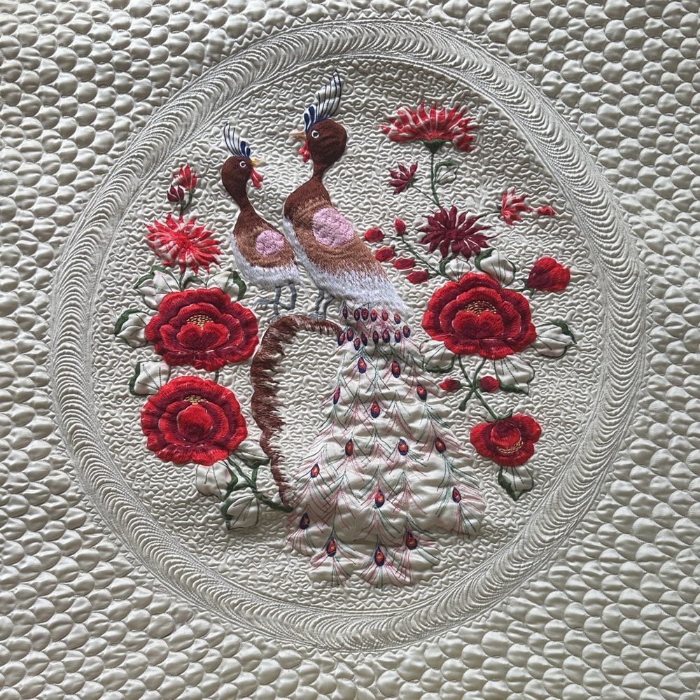 Embroidered Peacock and Floral Design Chinese quilt